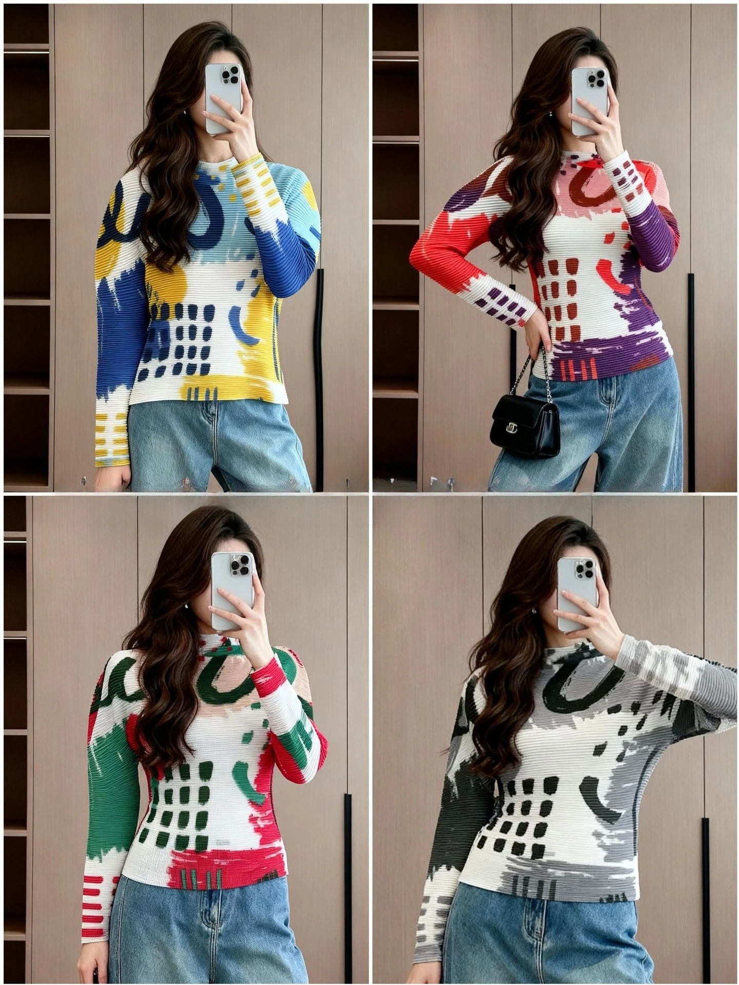 

Miyake Folds 2025 Fall and Winter New Long-sleeved Top Design Fashion Niche Printing Slim Casual Bottoming Shirt T-shirt Pleats