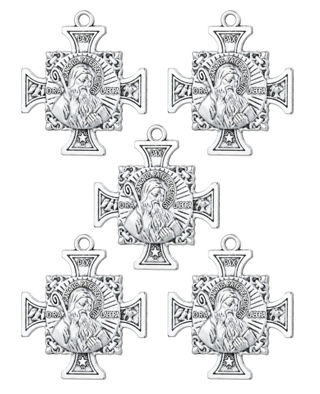 5Pcs Christian Saint Benedict Cross Medal Antique Metal Pectoral Maltese Cross Medallion Pendants DIY Accessories