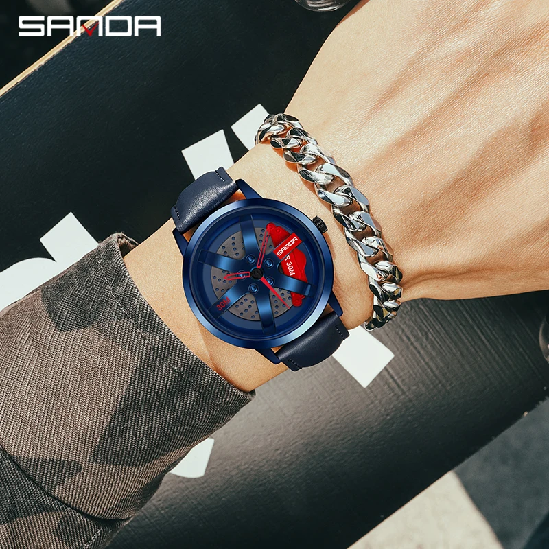 SANDA-reloj deportivo p1061para Hombre, cronógrafo de pulsera de cuarzo, diseño de llanta, Hub creativo, resistente al agua