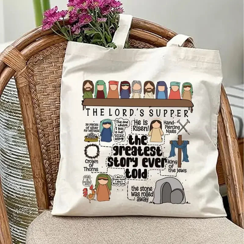 

1pcs The Story of Jesus Design Canvas Tote Bag， God and Sheep Shoulder Bag for Everyday Commute, Shopping, Picnic, Travel Use