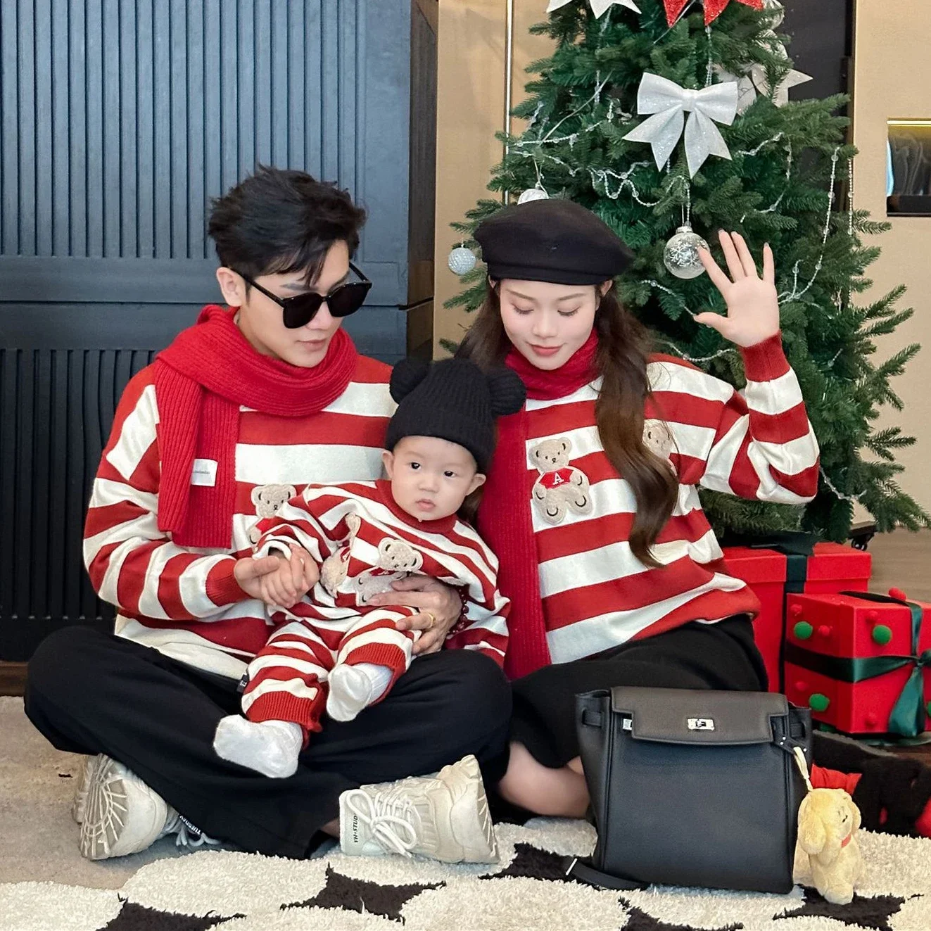 

Christmas New Years Sweater for The Whole Family Winter Autumn Mom Daughter Matching Red Jumper Dad Son Knitted Tops Baby Romper