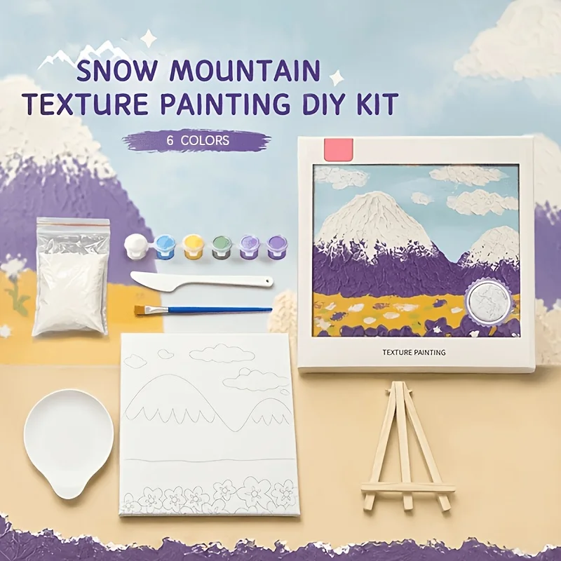 2‑Style Snow Mountain Texture Painting Kit, Kit contents: 6‑color paint cup, art frame, palette knife, brush, quartz sand, wooden easel, mixing palette. Pre‑printed outline lowers creation difficulty. Great for stress‑relief landscape painting
