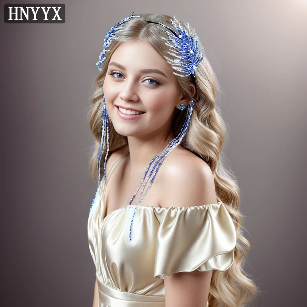 HNYYX Blue Crystal Headband Long Tassel Festival Headwear Korean Fairy Style Hair Accessories Vintage Headdress Party Tiara A70