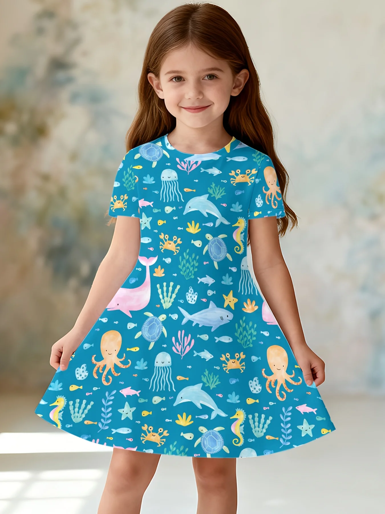 Kids Sea Animal Graphic Dress, Marine Life All Over Print Short Sleeve Round Neck Girls Holiday Outfit
