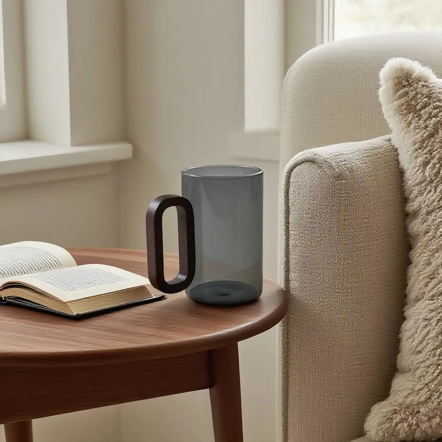 

Smokey Gray Glass Slim Coffee Cups With Wooden Handle