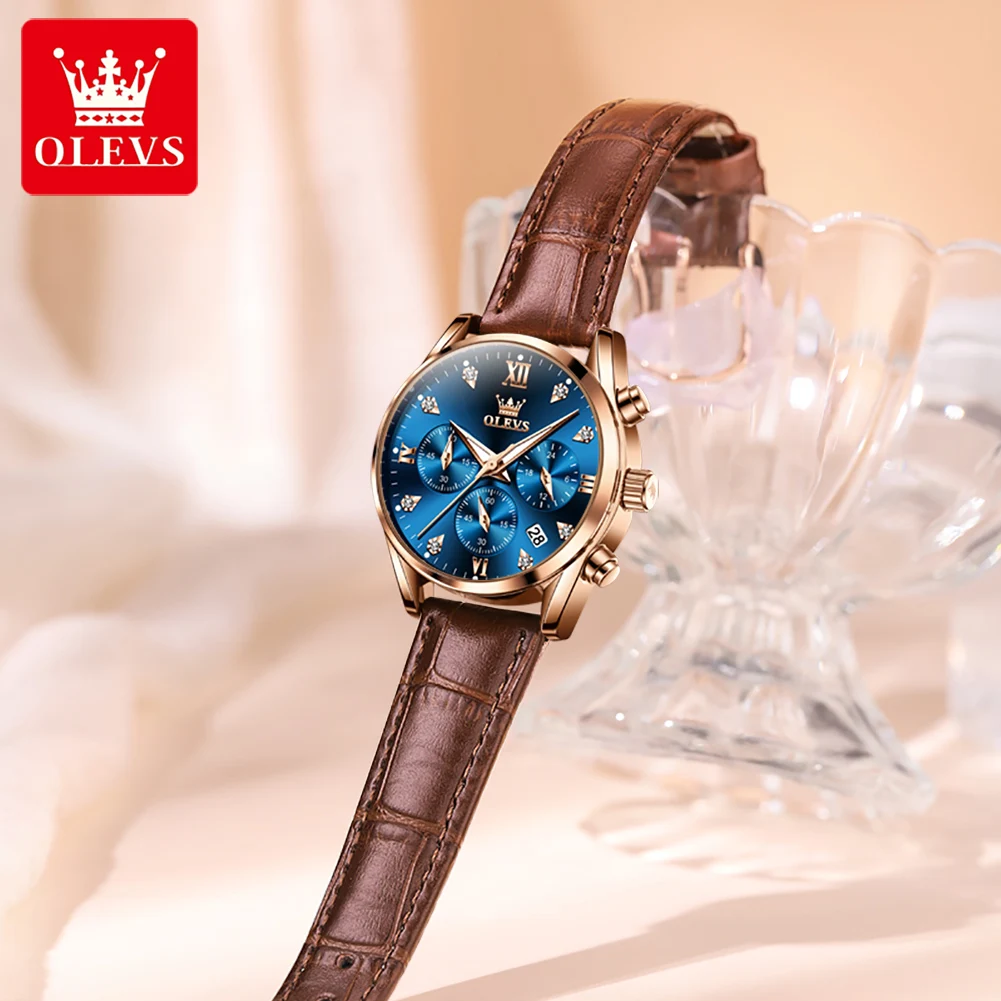 OLEVS Brand New Fashion Blue Quartz Watch for Women Brown Leather Strap Chronograph Watches Luxury Diamond Ladies Wristwatch