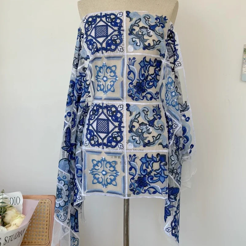 Elegant Embroidered Lace Fabric with Chinese Style Blue and White Porcelain Grid for Dressmaking  Tablecloth Decoration Material