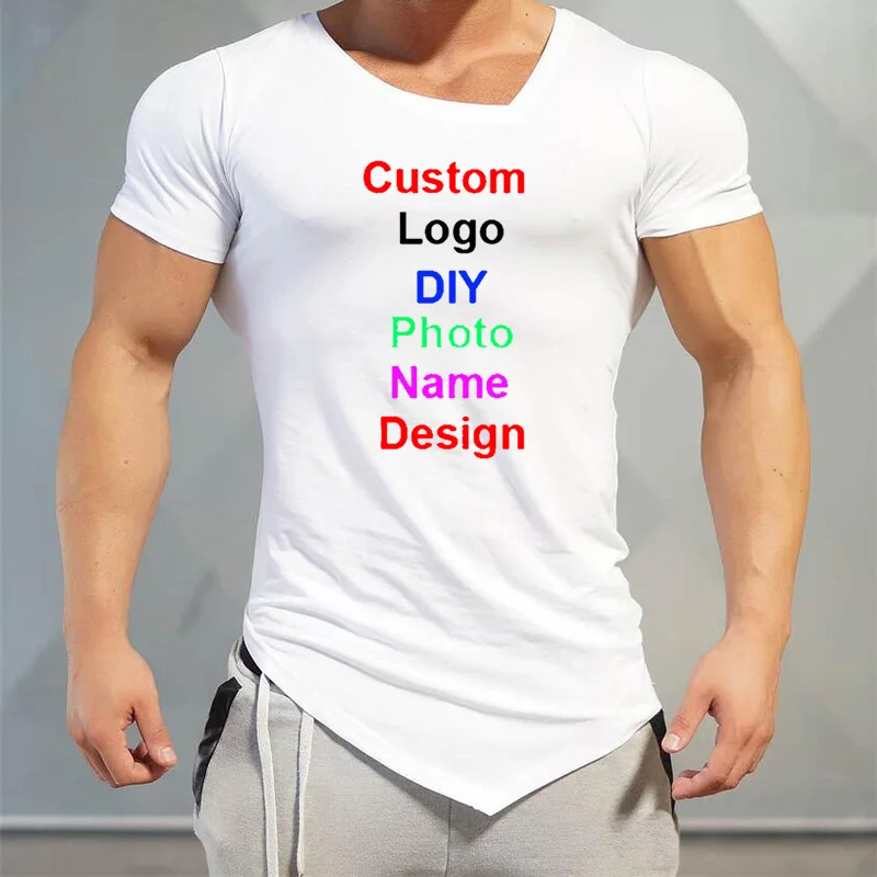 Customized DIY Brand Logo T-Shirt Mens Gym Clothing V-neck Short Sleeve Slim Fit T Shirt Ftiness Men compression Tshirt homme