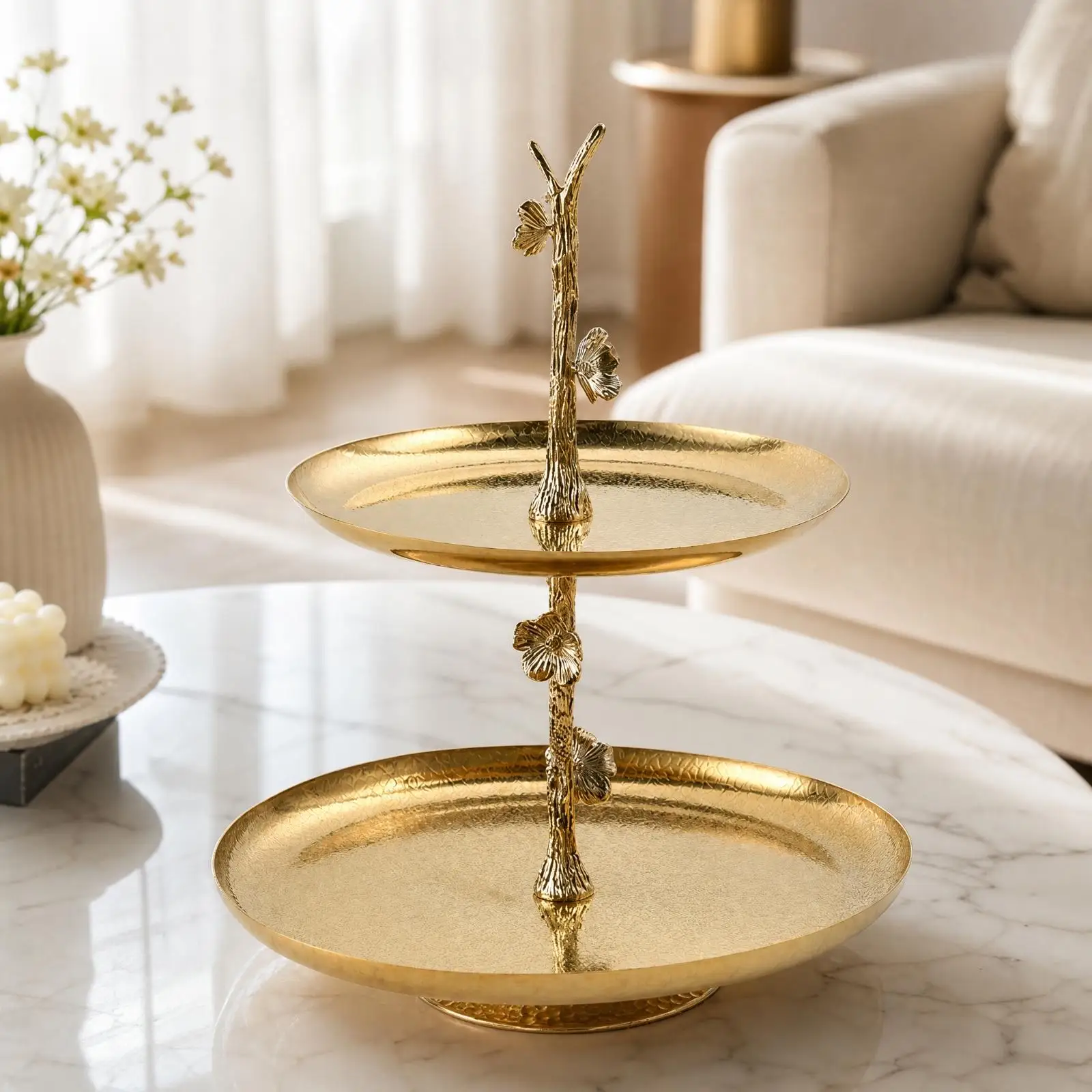 Gold Luxury Serving Tray with Flower Stem Two Level Fruit Holder Stainless Steel for Afternoon Tea and Events