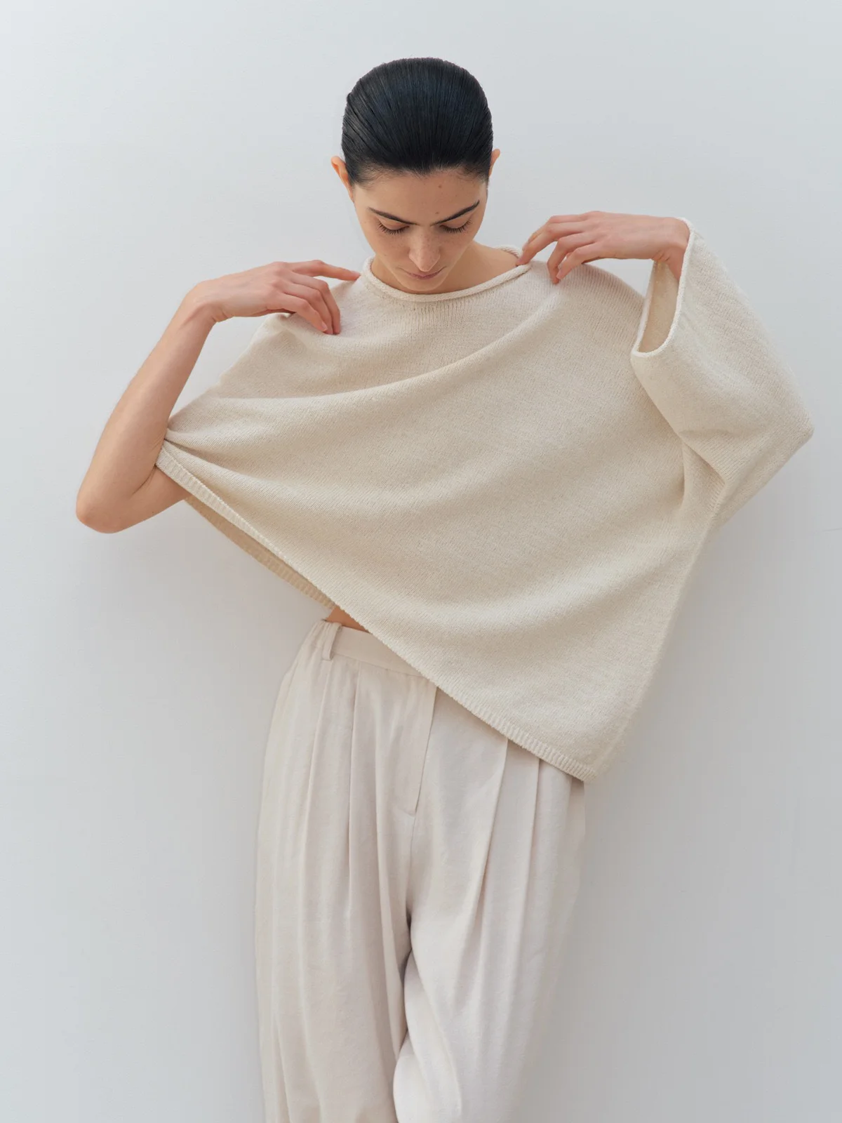 Ele round Ne غير متناظرة محبوك الكتان كيب TopMoiaSpring Commute SleLoose FitLong Sve Color #1