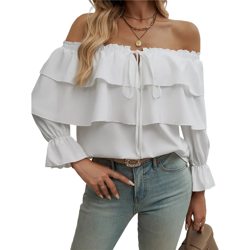 

A83F-Women's Off Shoulder Ruffle Trendy Summer Fashion Long Sleeve Blouse Sexy- Dressy Casual Outfits Layered Tops