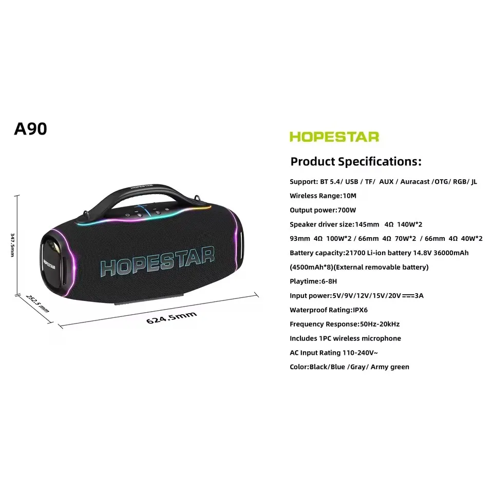 Hopestar A90 700W High Powered Woofer Portable Wireless Speaker Outdoor Karaoke Machine Lautsprecher with Wireless Microphone