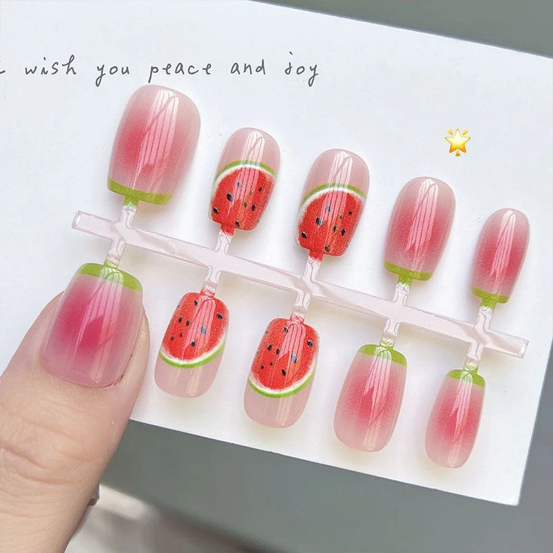 10 Uds. De uñas postizas rosas de verano con pegamento, bonita sandía Artificial, prensa en uñas cortas hechas a mano para mujer, puntas de uñas postizas reutilizables