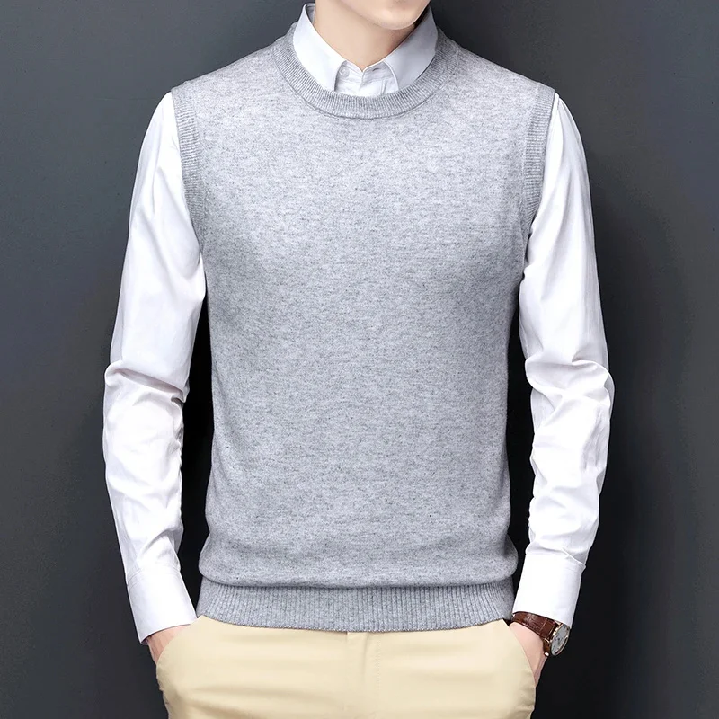 

Sweater Men Vest Korean Round Neck Business Casual Fitted Version Black Light Grey Sleeveless Knitted Top Male Brand