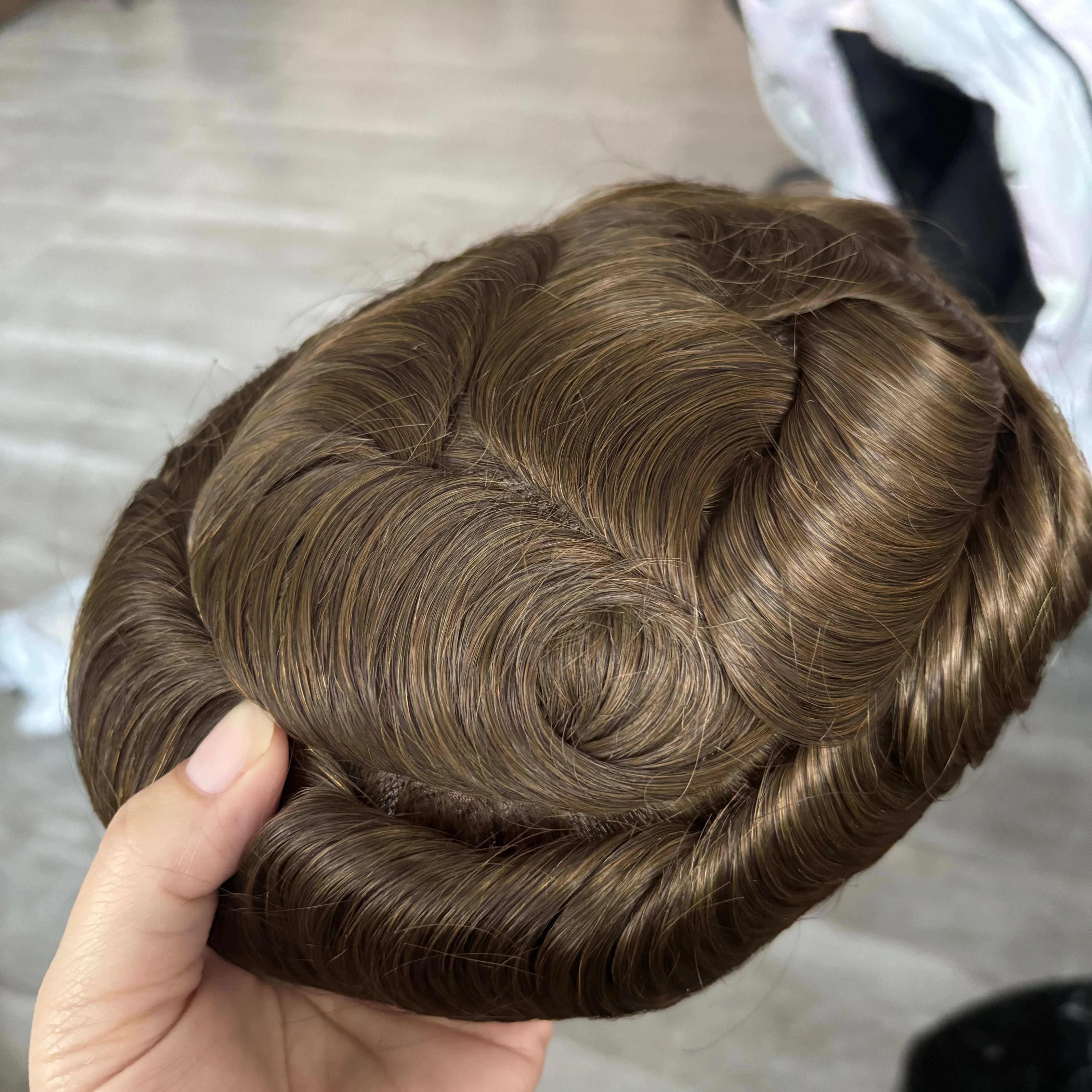 داكن كول براون طويل آخر رجل 6 بوصة Npu أحادية شبكة قاعدة الشعر المستعار غير قابل للاكتشاف حريري مستقيم/30 مللي متر متموج الذكور خصلات الشعر المستعار الإنسان نظام