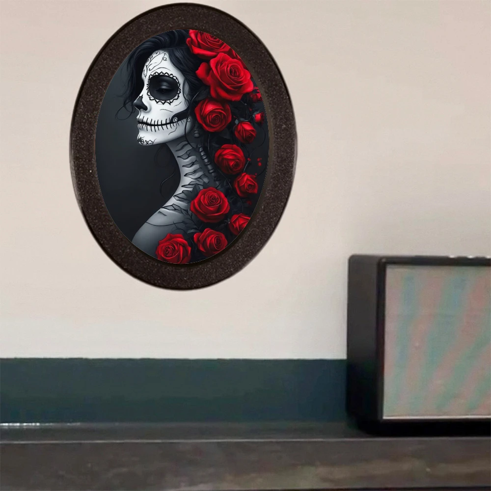 1 Piece Dark - style Oval Decorative Ornament, Featuring Elements of Woman with Skull Makeup & Red Roses, Suits Gothic - style S