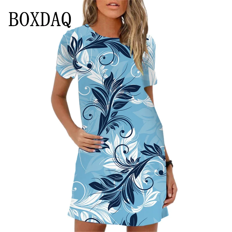 2023 New Vintage Flower Printed Women Dress Summer Short Sleeve Loose Dresses Casual Ladies Dress S-6XL Oversized Women Clothing