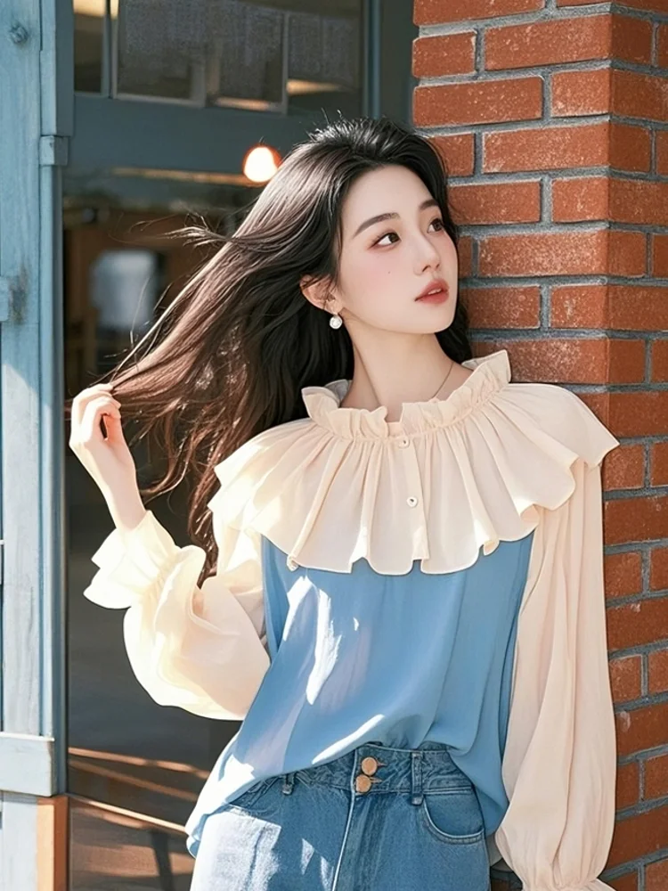 Chiffon Damen Blusen Rüschen Koreanische Shirts MODE Lose Frühling/Sommer Vintage Kleidung Patchwork Langarm Frauen Tops