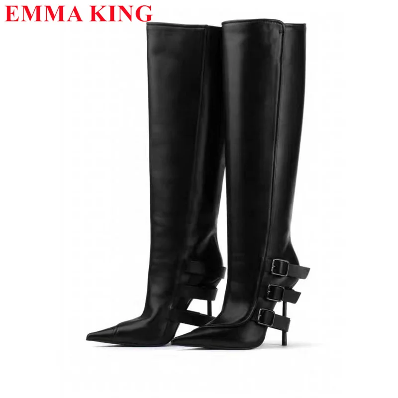 

Women Black Buckle Strap Knee High Boots Spring Autumn Pointed Toe High Heels Knight Boots Fashion Ladies Party Shoes Plus Size