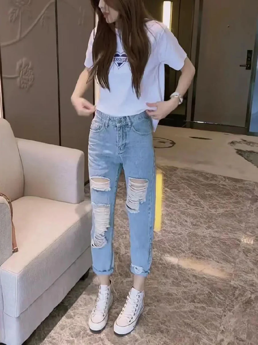 

Джинсы женские с высокой талией, прямые, тонкие, осенние, свободного кроя, облегающие, с эффектом потертости, повседневные, летние, в стиле «папа-брюки»