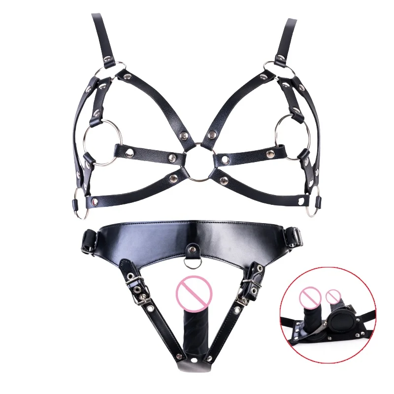 BDSM Hollow Bra Fantasy Lingerie Kits with Removable Silicone Dildo Anal Plug Panties for Women Role Play Adult Sex Toys