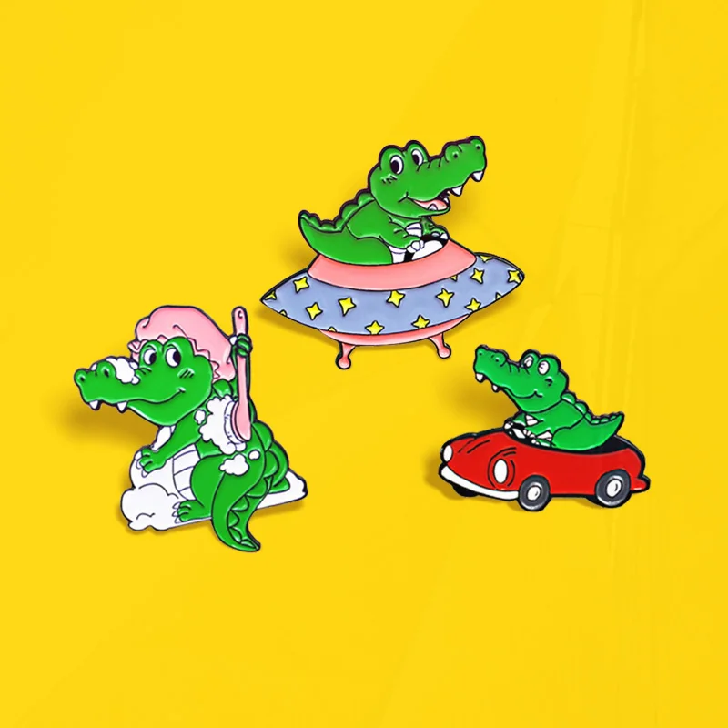 Red Car take a shower Pin Backpack Funny Animal Jewelry Gift Wholesale Crocodile Driver Enamel  Pins Crocodile alien UFO Small