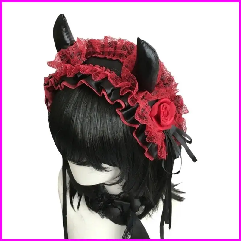 Fascia per corno da diavolo Copricapo in pizzo gotico Accessori per costumi Halloween per festival musicali per ragazze e