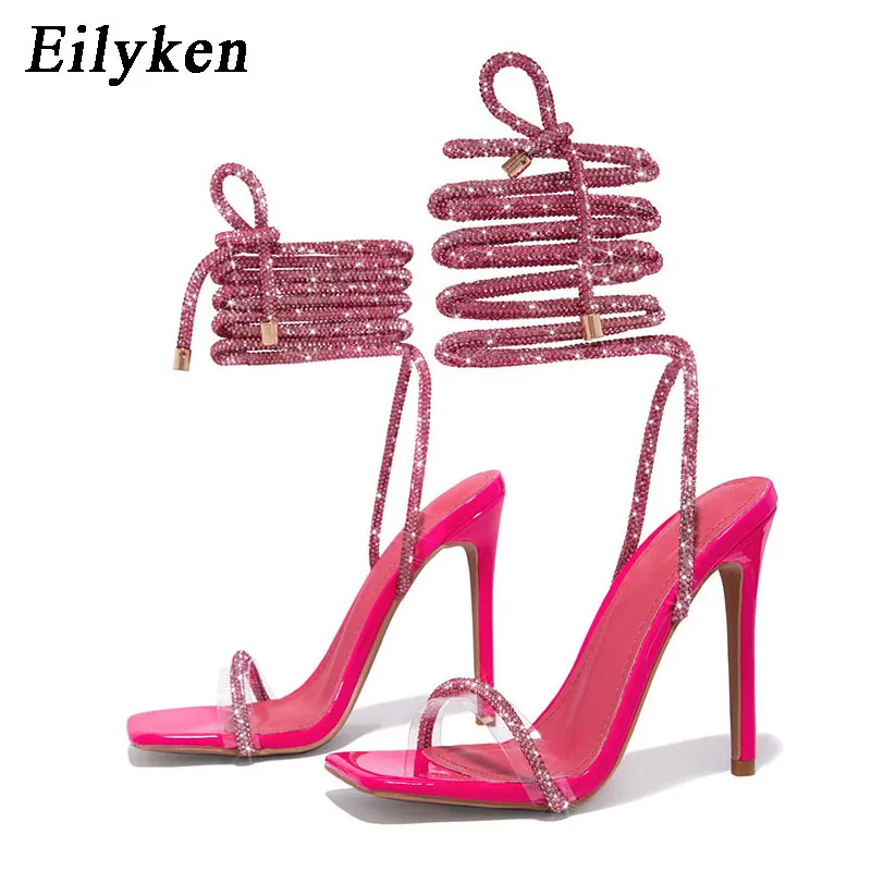 Eilyken CRYSTAL Diamond High Heels Women Sandals Sexy Ankle Cross Strap Lace-Up Square Toe Party Dress Female Shoes