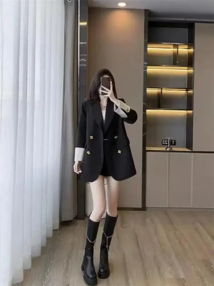 2025 nuevo Popular estilo coreano Hepburn negro y blanco Patchwork Blazer abrigo Top de manga larga para mujeres