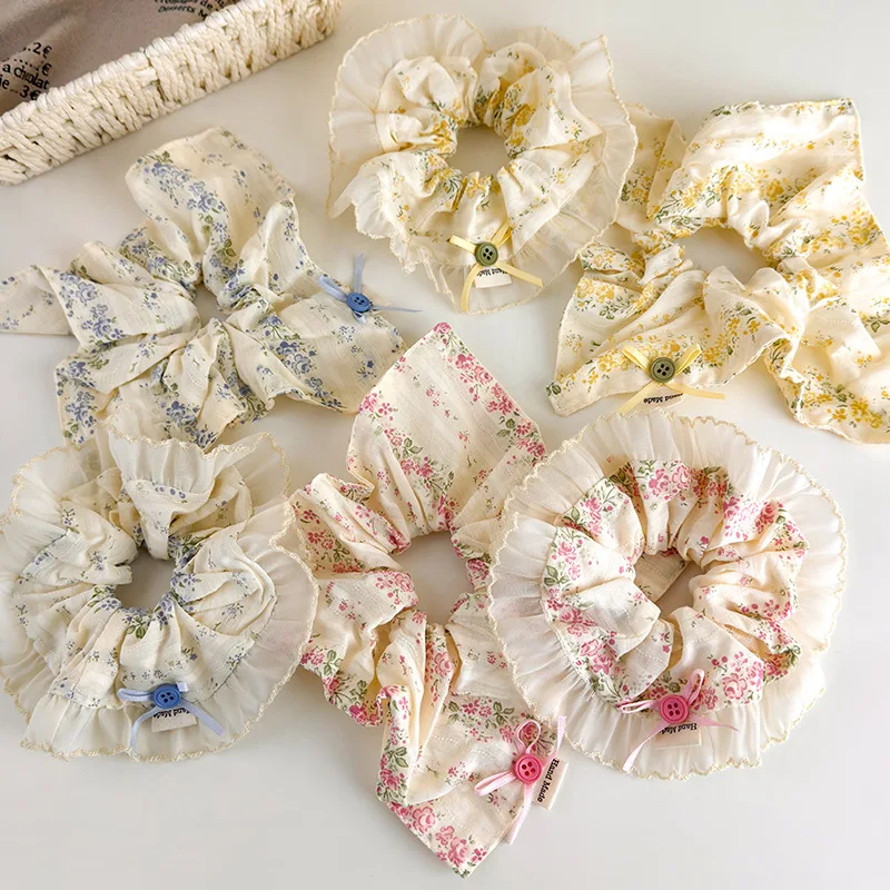 

Spring Summer Lace Floral Bow Button Hair Ties for Women Girls Sweet Vacation Hair Accessories Lightweight Non Slip Gift Choice