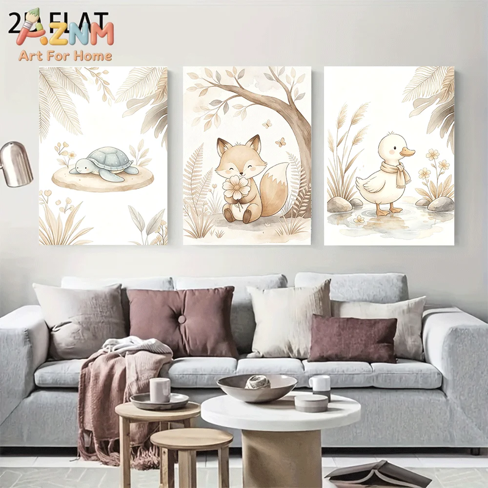 AZNM Frameless Canvas Wall Art, Boho Watercolor Woodland Animal Print, Cute Turtle Fox Duck Botanical Art Poster for Nursery Kid
