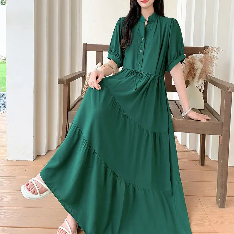 Purple Cotton Silk Dress Loose Cover the Belly Slim and Long Big Display Solid Color Tie Waist Cinching Temperament Long Skirt