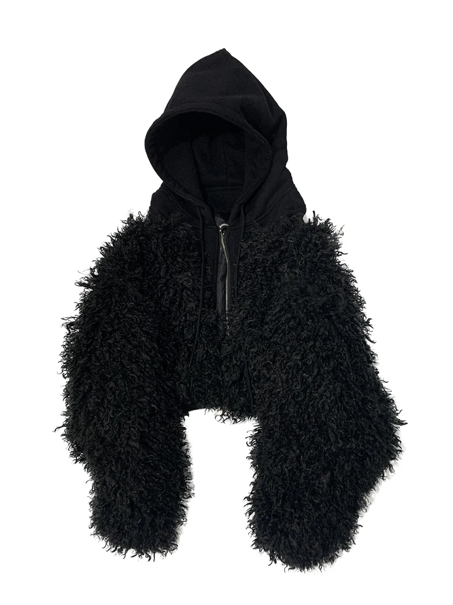Nerazzurri Herbst Winter Übergroßer Kurzer Warmer Weicher Schwarzer Flauschiger Kunstpelzmantel für Damen mit Kapuze Zweiteiliger Look Flauschige Jacke