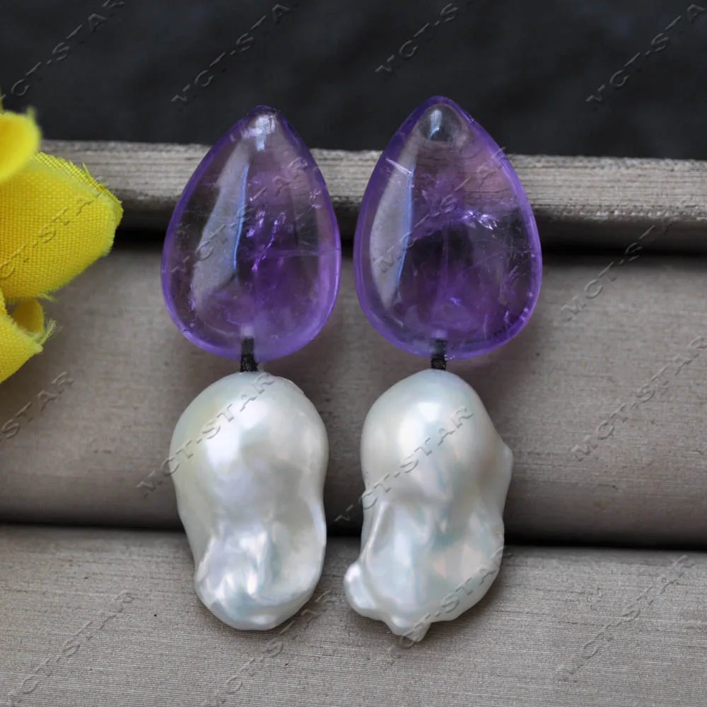 

Z14638 A+ Natural 22mm Heart Purple Amethyst Crystal White Baroque Keshi Pearl Dangle Earring