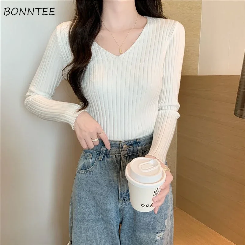 

Solid Long Sleeve V-neck Pullovers Women Slim Elegant Trendy Korean Style Leisure All-match Simple Warm Knitwear Basic Underlay