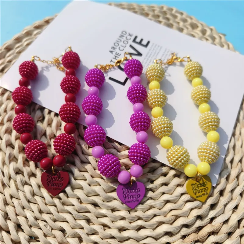 Cute High Quality Yangmei Beads Dog Collar Alloy Heart Pendant Elastic Line Adjustable Neck Necklace for Puppy Cats Accessories