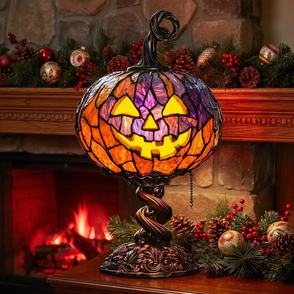 Halloween Pumpkin Table Lamp Vintage Style Resin Pumpkin Night Light USB Powered, Desktop Decorative Ornament