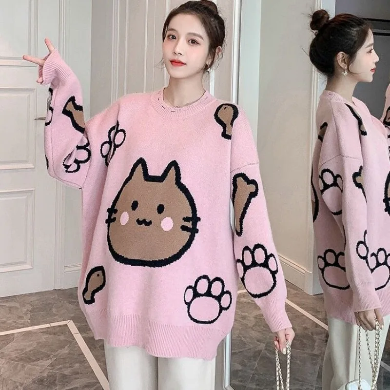 Japanese Kawaii Cartoon Sweaters Women O-neck Long Sleeve Thick Warm Pull Femme 2024 Fall Winter Casual Harajuku Y2k Jumpers