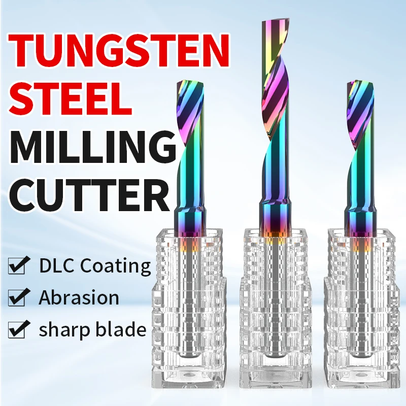 HUHAO 5A Spiral Router Bit DLC Coating Single Flute Carbide End Mill 3.175 ,4 ,5 ,6,8,10mm CNC Milling Cutter for Aluminium