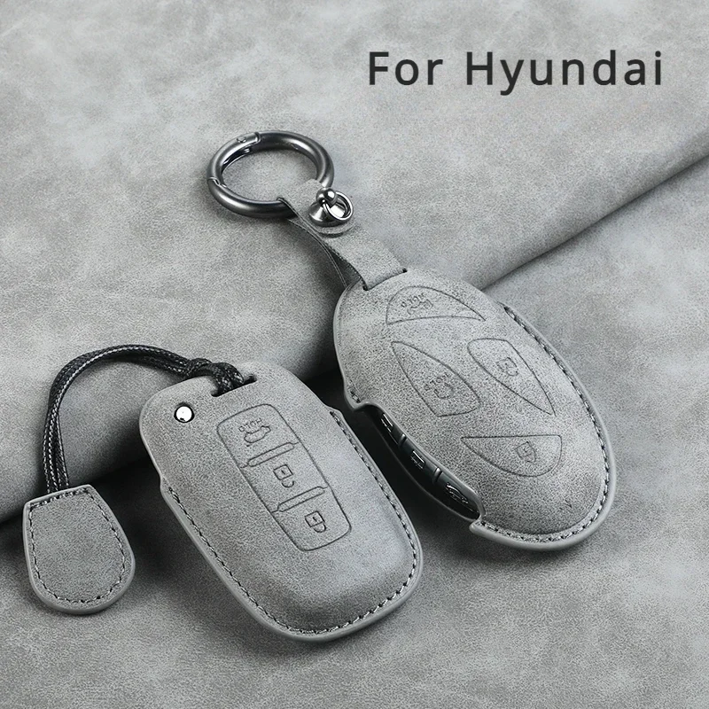 Leather Car Key Case Cover Shell Fob for Hyundai Grand Prix GN7 IONIQ6 Nuovo Kona Genesis Coupe Sonata Ix35 Protector Keychain