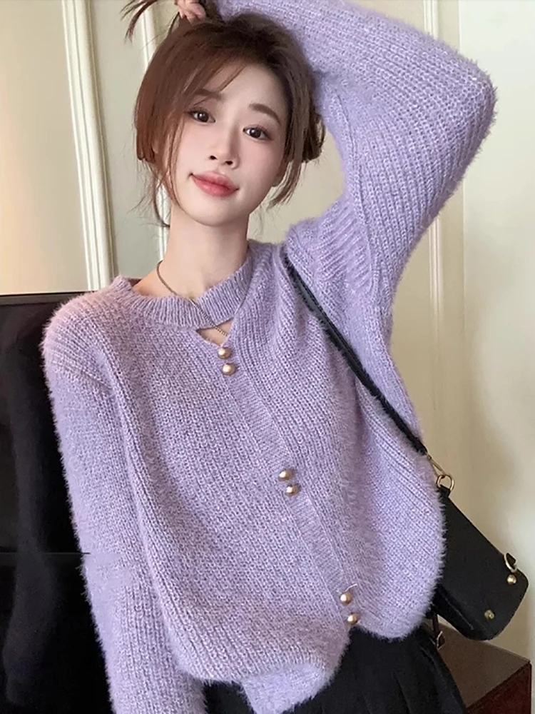 

Purple Pullover Sweater For Women Solid Color O-neck Hollow Out Long Sleeve Knitted Tops Leisure Soft Ladies Knitshirts