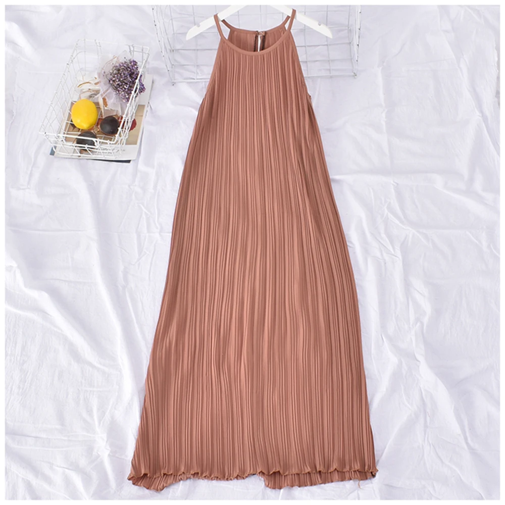 2022 Summer Casual Loose Pleated Dress Women Sleeveless Straps Robes Party  Sundress Ladies Fashion O Neck Retro Long Dresses