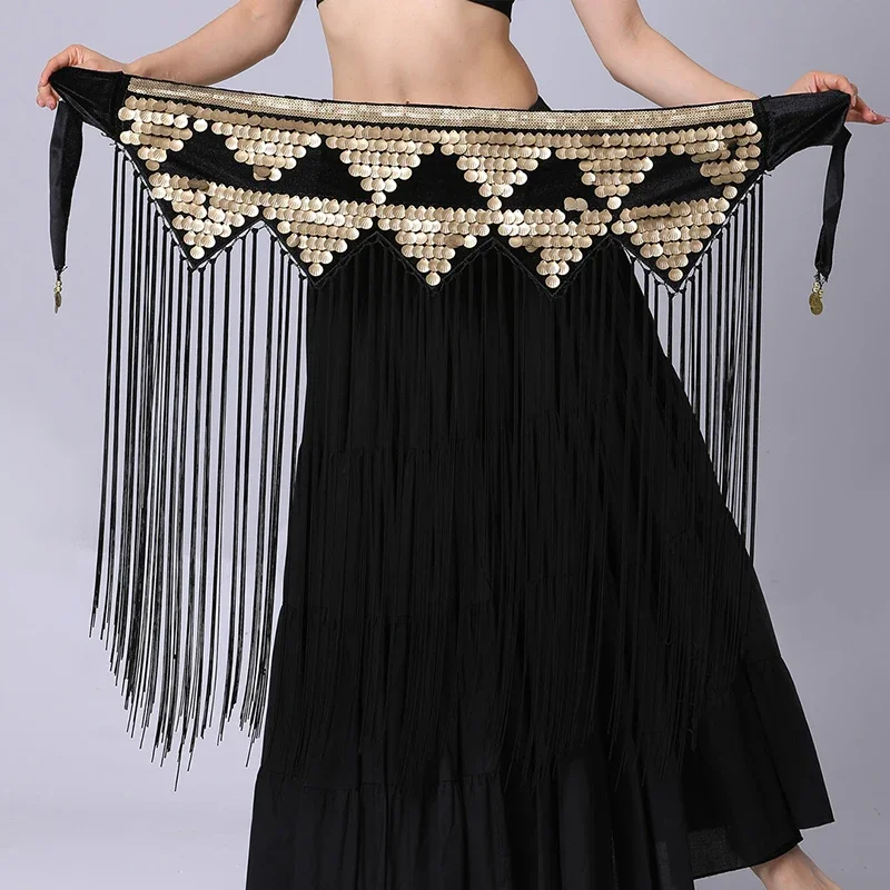 

Тренировочная одежда для танца живота, поясная цепочка, набедренный шарф, длинная кисточка, блестки, уплотнение на талию, украшение на талию, аксессуары для танцоров