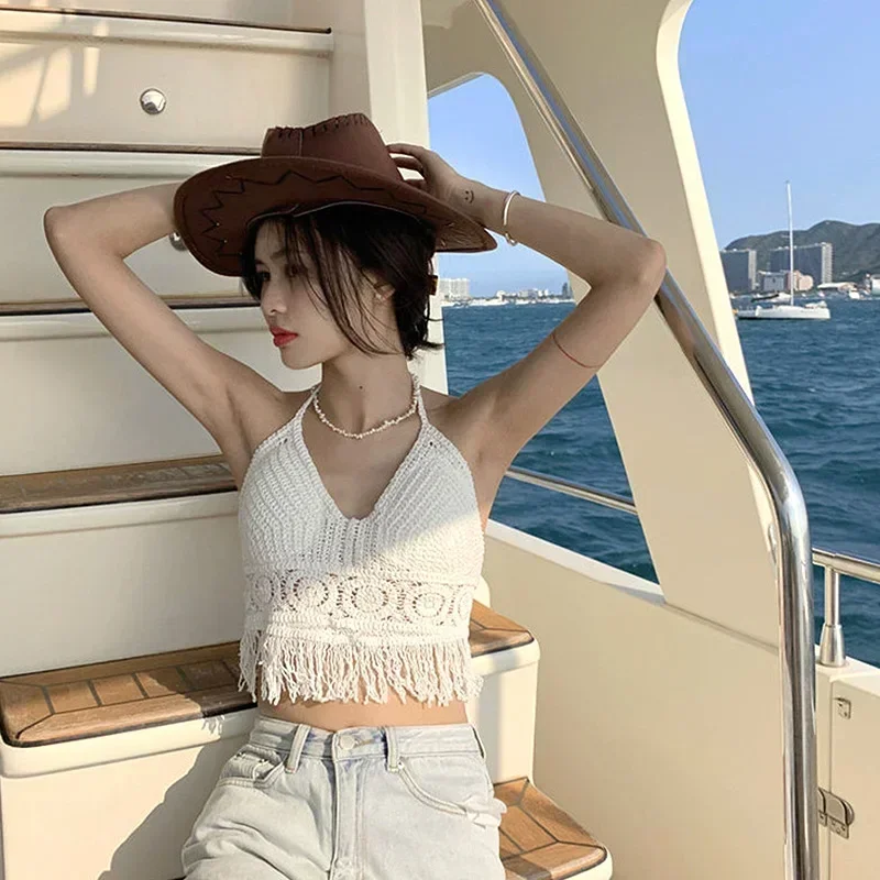 Crop Top สําหรับผู้หญิง,ถักโครเชต์ชุดว่ายน้ํา Bra,Backless Vest,Hollow พู่ Tank Top, เซ็กซี่ Beach Holiday Camisole, ผู้หญิง Crop Tops