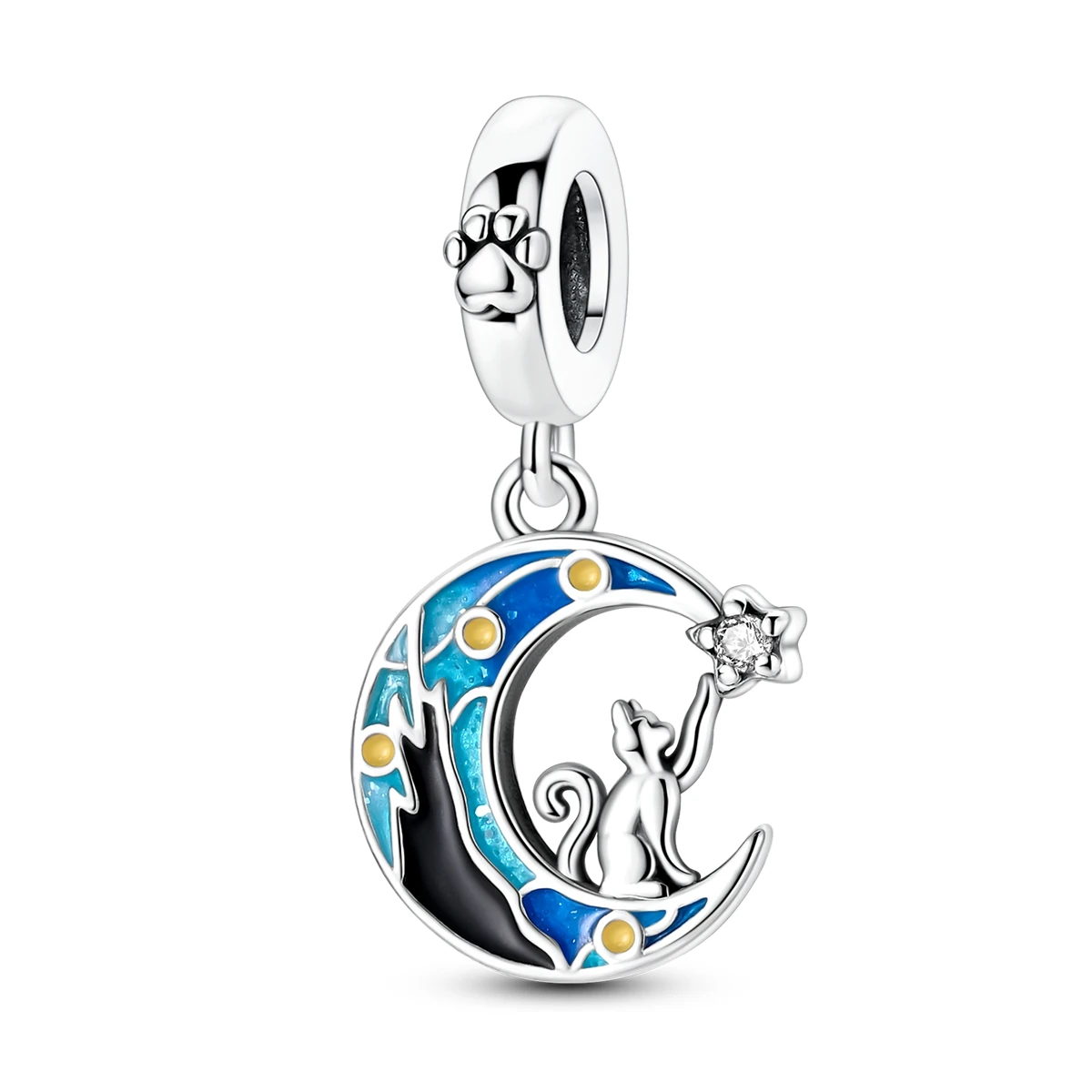 

925 Sterling Silver Dangle Charm Night Light Starry Sky Moon Cat Fit Original Charm Bracelet Diy for Woman Fine Jewelry