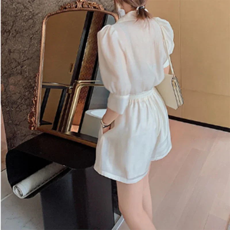 Summer 2024 New Elegant Fashion Solid Puff Sleeve Pockets Chiffon Casual Suit Shorts Two Piece Set Office Lady Vocation Clothing