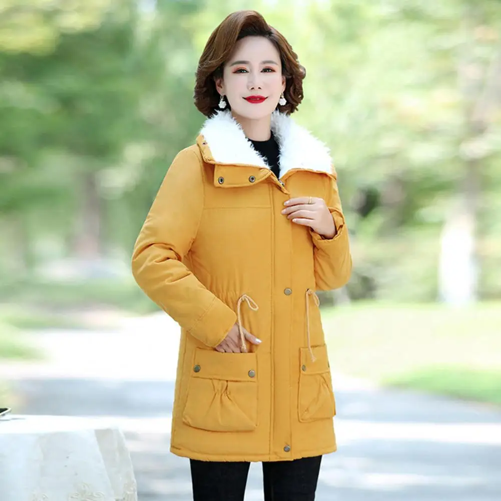 Winter Women Jacket Thickened Plush Turn-down Collar Elastic Waist Zipper Closure Coat Mid Length Windproof Warm Coat