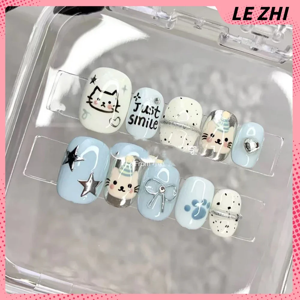 10Pcs Handmade Kawaii animal Fake Nails Kawaii Sweetheart Girl Cartoon Diamond Anime Manicure Removable Nail Art Holiday Gifts