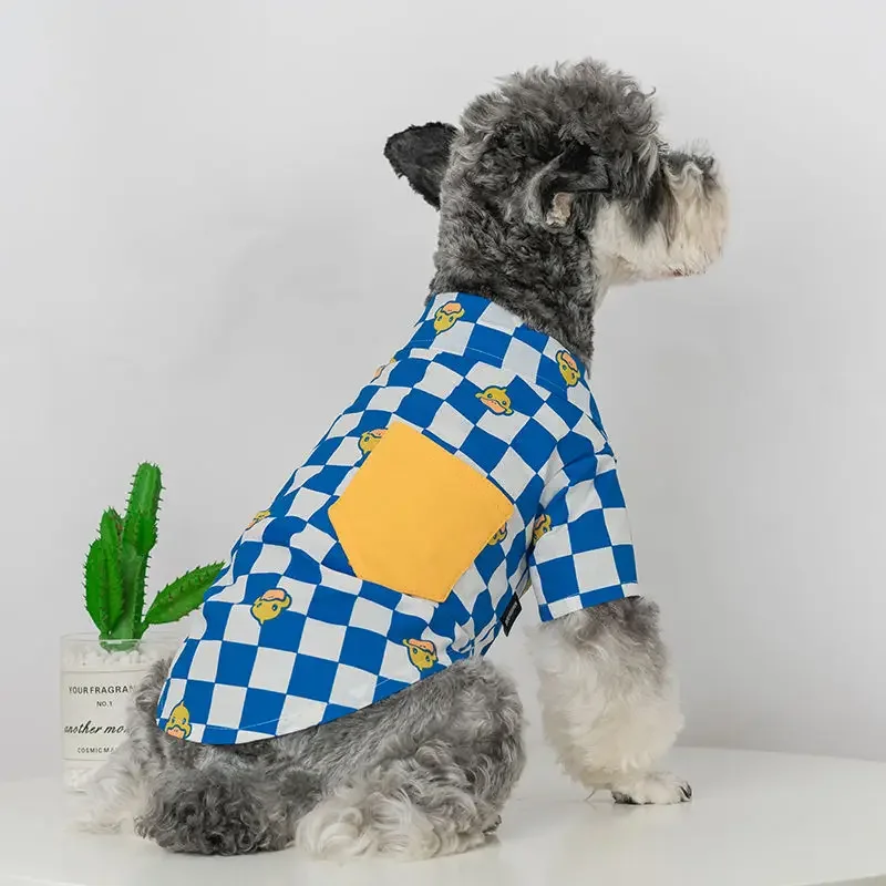 

Dogs Clothing Cat Checkerboard Plaid Pockets Shirt Dog Clothes Cart Frog Duck Small Fashion Summer Thin Schnauzer Cute Pet Items