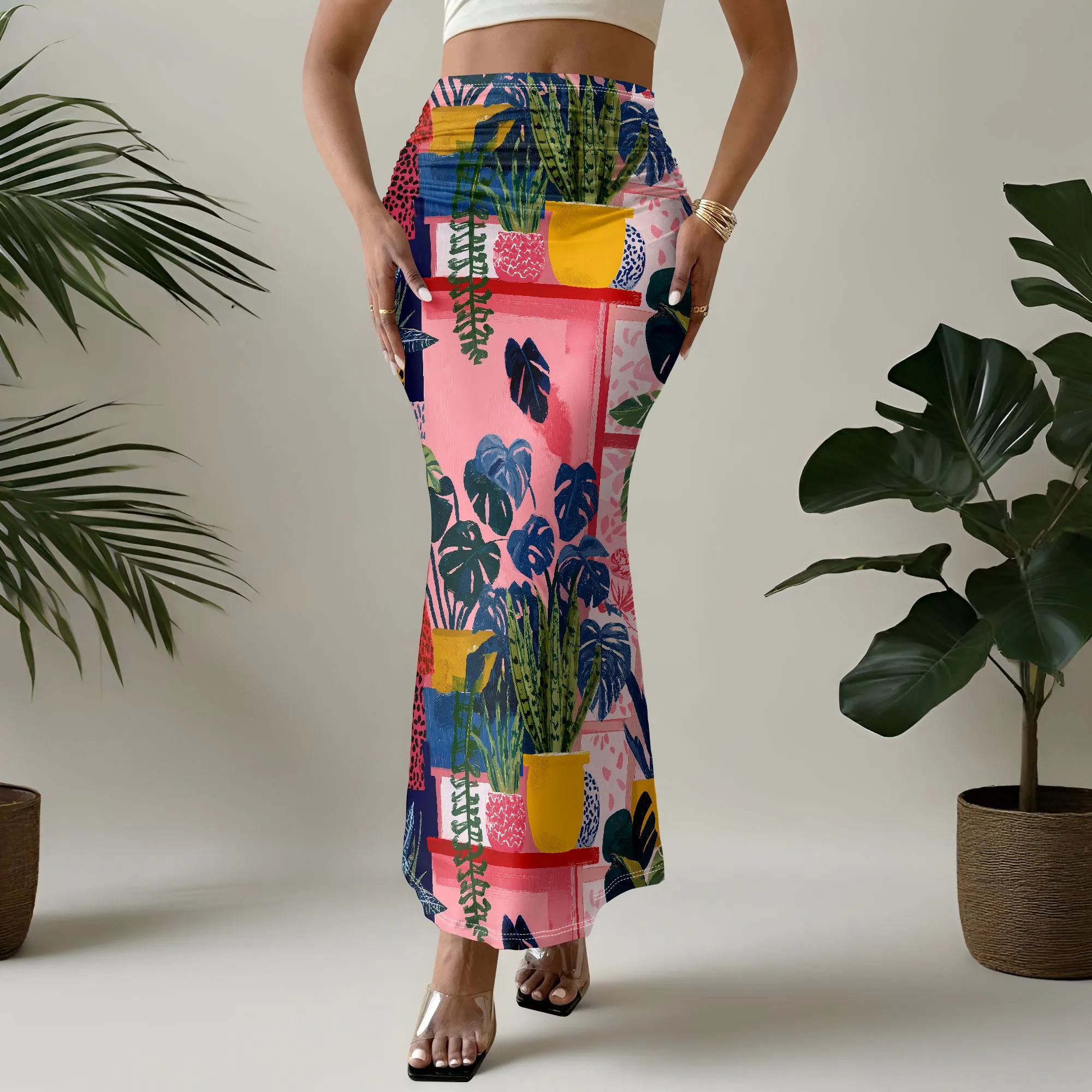 Tropical Plant Print Skirt, Summer Beach Maxi Skirt, Boho Floral Mermaid Hem, Vacation Wear for Women, S-2XL